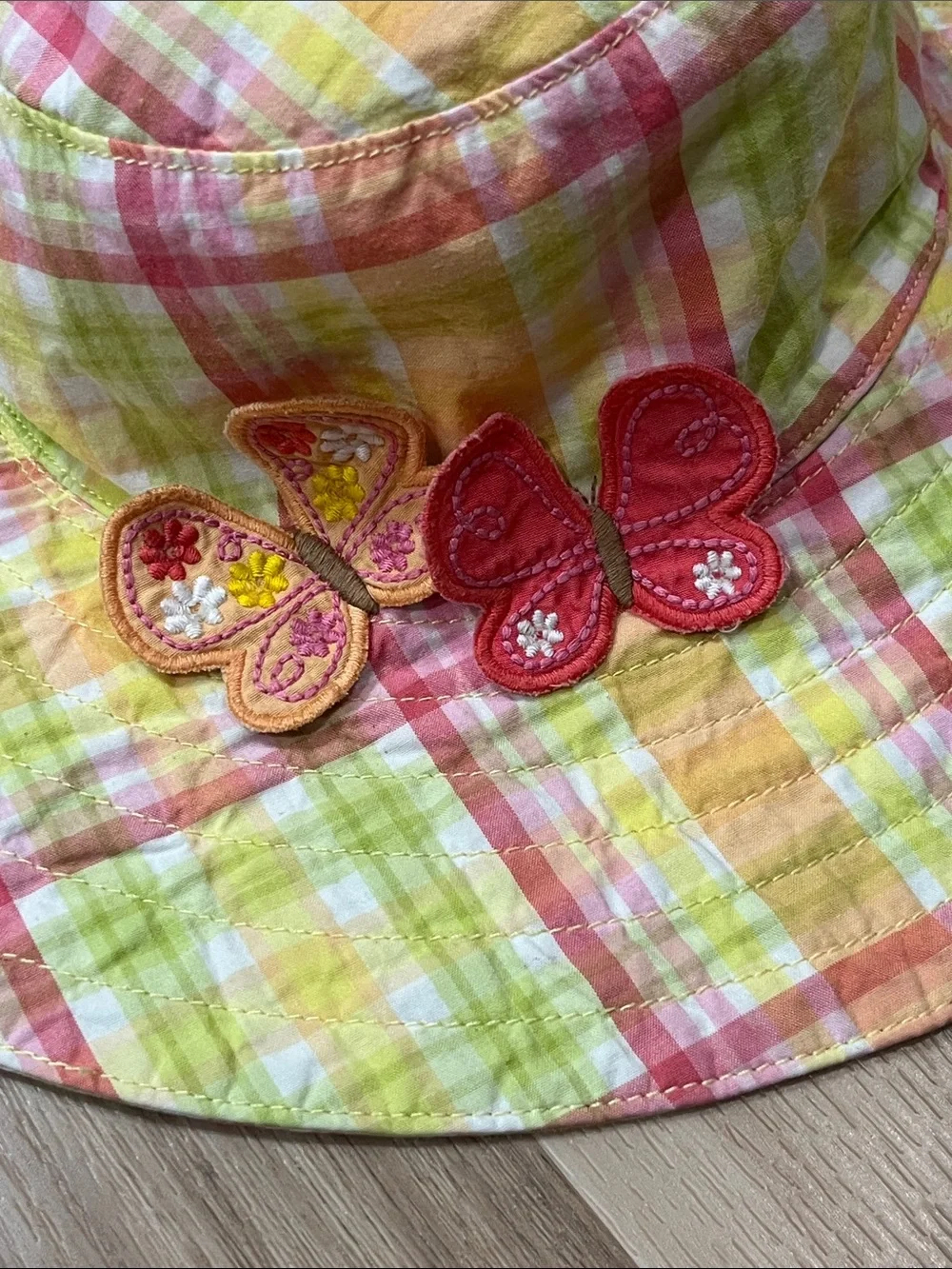 Gymboree Vintage Girls Social Butterfly Pink Plaid Sun Wide Brim Bucket Hat, 5-7